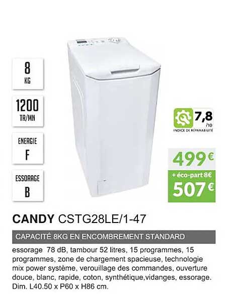 candy cstg28le/1-47 capacité 8kg en encombrement standard