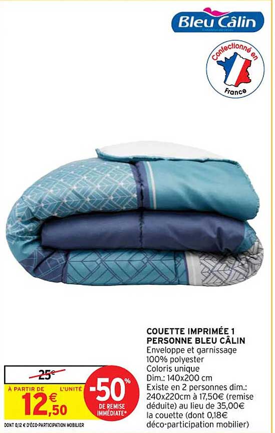 couette imprimée 1 personne bleu câlin