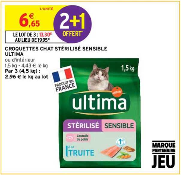 croquettes chat stérilisé sensible ultima 2+1 offert
