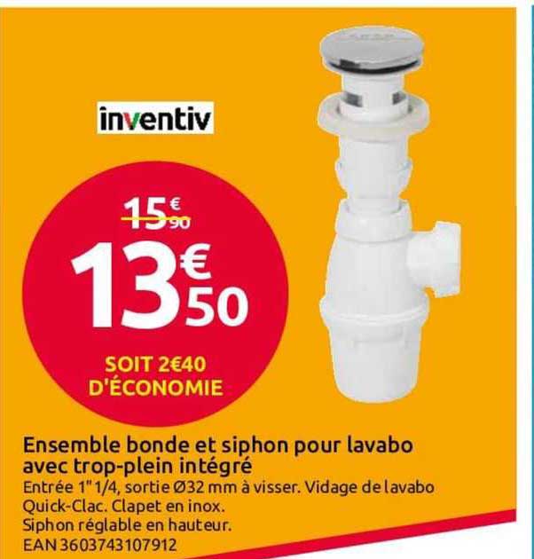 ensemble bonde et siphon pour lavabo avec trop-plein intégré inventiv