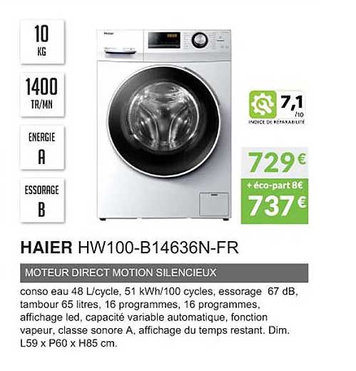 haier hw100-b14636n-fr moteur direct motion silencieux