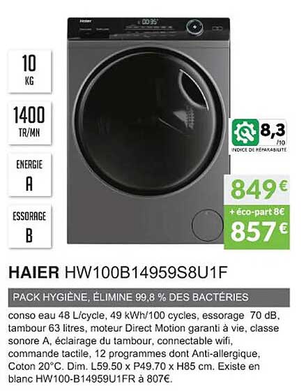 haier hw100b14959s8u1f pack hygiène élimine 99.8% des bacteries