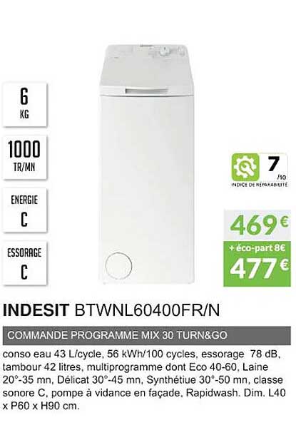 indesit btwnl60400fr/n commande programme mix 30 turn&go