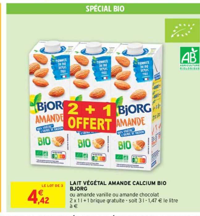 lait végétal amanda calcium bio bjorg 2+1 offert