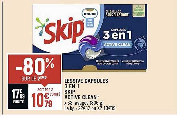 Lessive Capsules 3 En 1 Skip Active Clean