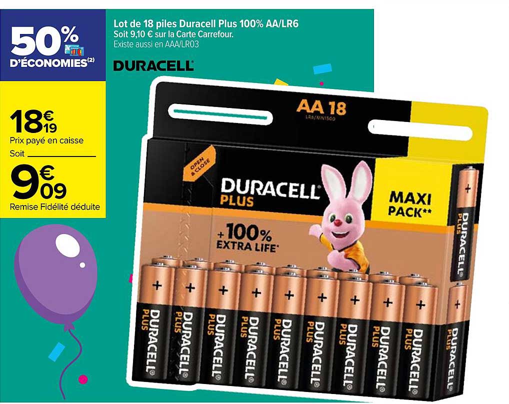 lot de 18 piles duracelle plus 100% aa/lr6