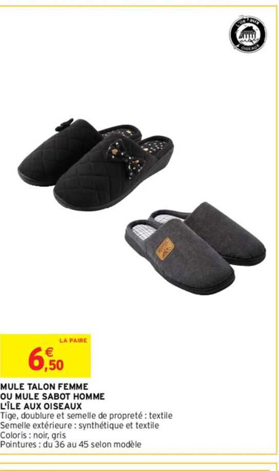 mule talon femme ou mule sabot homme l'île aux oiseaux