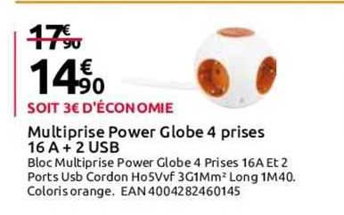 multiprise power globe 4 prises 16A + 2 usb