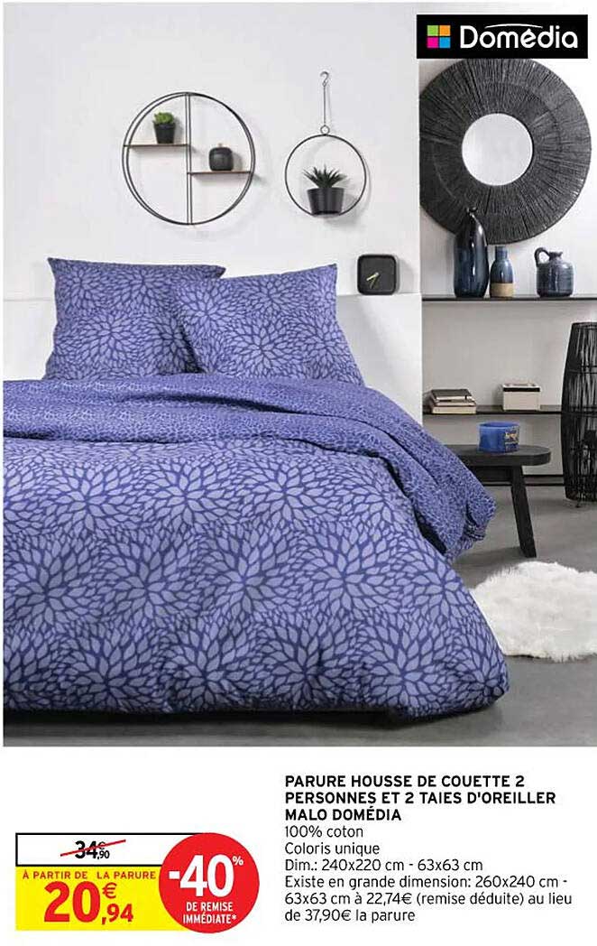 parure housse de couette 2 personnes et 2 taies d'oreiller malo domédia