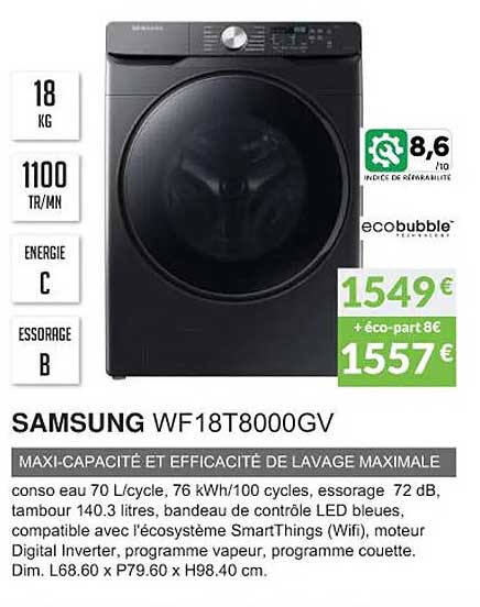 samsung wf18t8000gv maxi-capacité et efficacité de lavage maximale