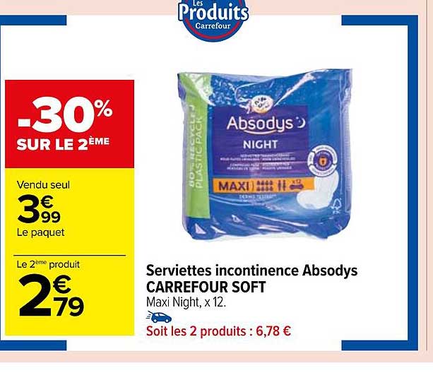 Serviettes Incontinence Absodys Carrefour Soft