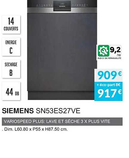 siemens sn53es27ve variospeed plus: lave et sèche 3 x plus vite