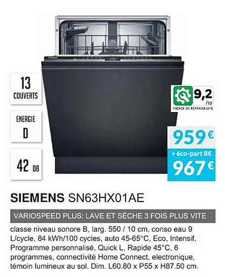 siemens sn63hx01ae variospeed plus: lave et sèches 3 fois plus vite