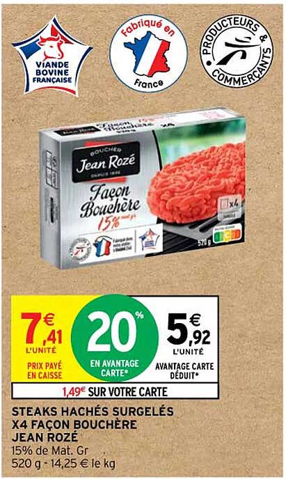 steaks hachés surgelés x4 façon bouchère jean rozé