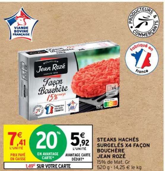 steaks hachés surgelés x4 façon bouchère jean rozé