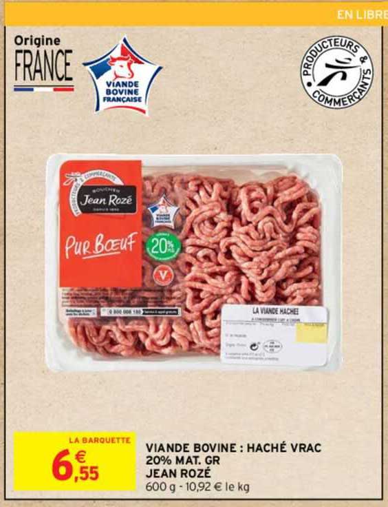 viande bovine : haché vrac 20% mat. gr. jean rozé