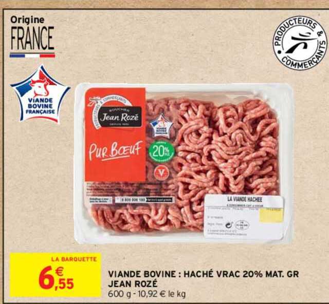 viande bovine : haché vrac 20% mat.gr. jean rozé