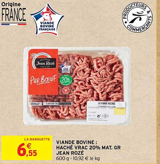 viande bovine : haché vrac 20% mat.gr. jean rozé
