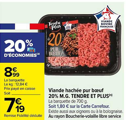 Viande Hachée Pur Bœuf 20% M.g. Tendre Et Plus