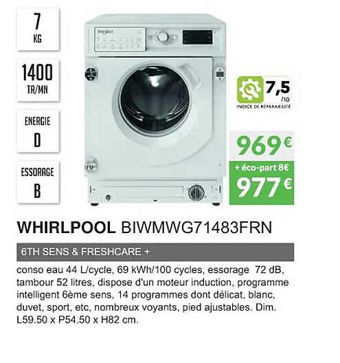whirlpool biwmwg71483frn 6th sense & freshcare
