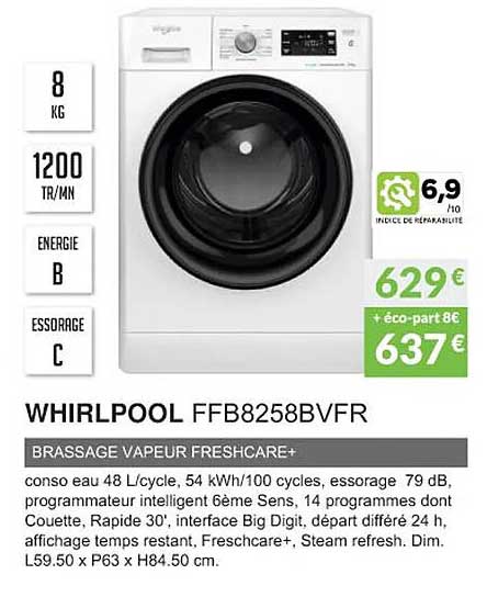 whirlpool ffb8258bvfr brassage vapeur freshcare
