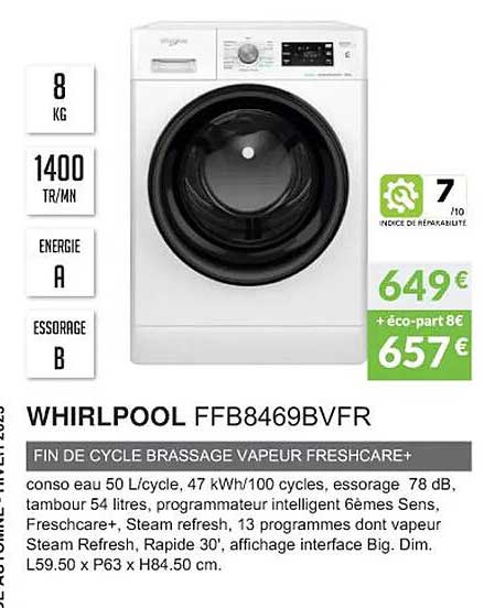 whirlpool ffb8469bvfr fin de cycle brassage vapeur freshcare+