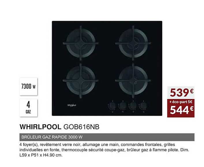 whirlpool gob616nb brûleur gaz rapide 3000 w