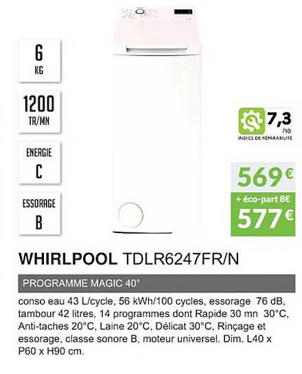 whirlpool tdlr6247fr/n programme magic 40°
