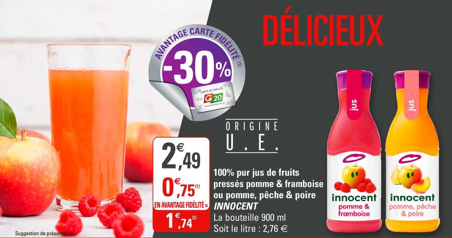 100% pur jus de fruits pressés pomme & framboise ou pomme, pêche & poire innocent