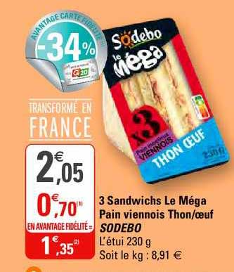 3 Sandwiches Le Méga Pain Viennois Thon œuf Sodebo