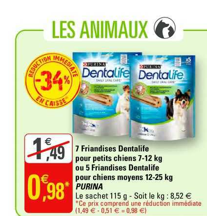 7 friandises dentalife pour petits chiens 7 12 kg ou 5 friandises dentalife pour chiens moyens 12 25 kg purina