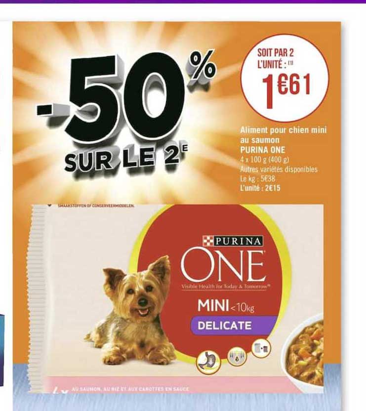 aliment pour chien mini au saumon purina one -50% sur le 2e