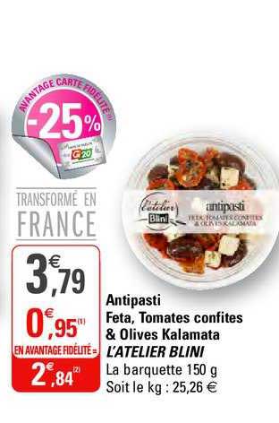 antipasti feta, tomates confites & olives kalamata l'atelier blini