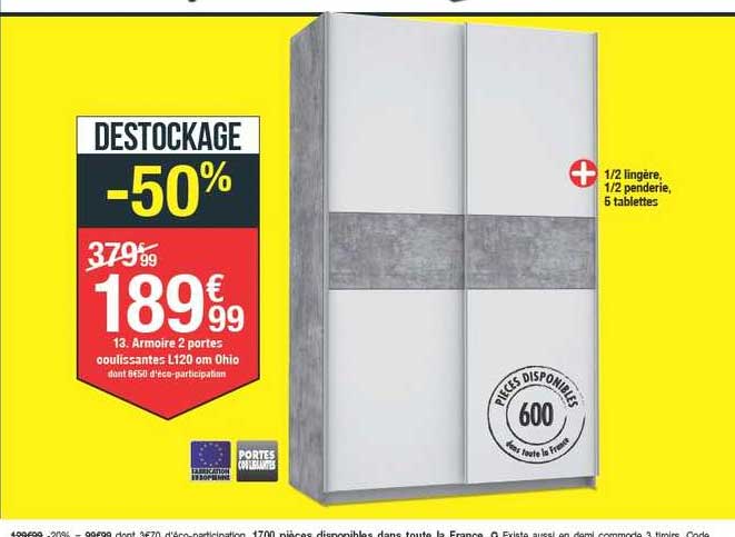 armoire 2 portes coulissantes l. 120cm ohio