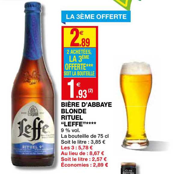 bière d'abbaye blonde rituel "leffe" la 3ème offerte