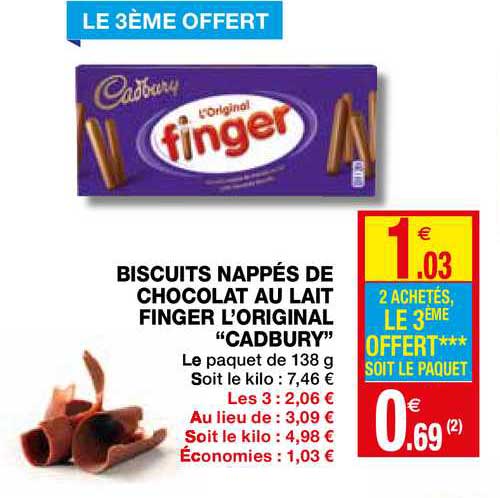 biscuits nappés de chocolat au lait finger l'original "cadbury"