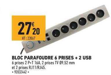 bloc parafoudre 6 prises + 2 usb