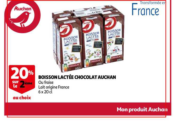 boisson lactée chocolat auchan 20% sur le 2ème au choix