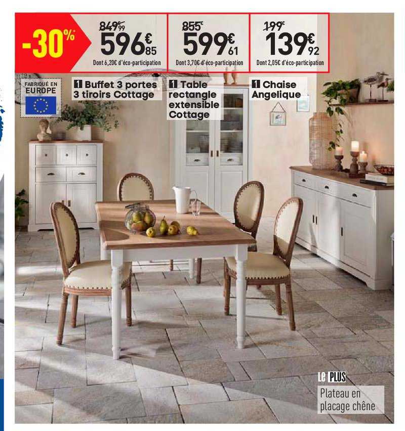 Buffet 3 Portes 3 Tiroirs Cottage, Table Rectangle Extensible Cottage, Chaise Angelique