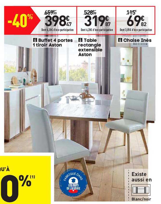 buffet 4 portes 1 tiroir aston, table rectangle extensible aston, chaise inès