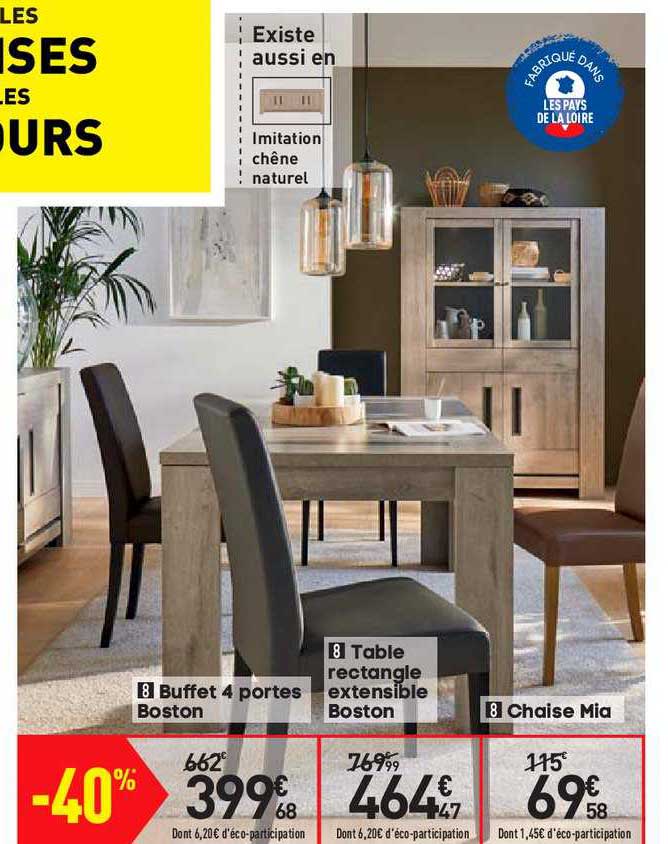 Buffet 4 Portes Boston, Table Rectangle Extensible Boston, Chaise Mia