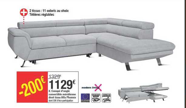 Canapé D'angle Convertible Méridienne Droit Tissu Alfa Phoenix