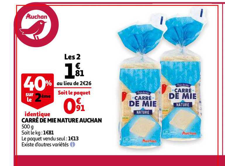 carré de mie nature auchan 40% sur le 2ème identique