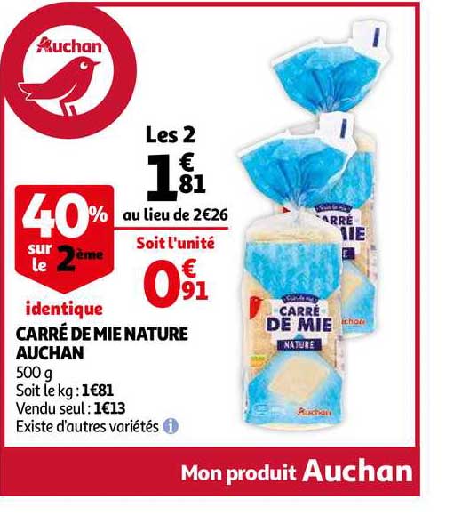 carré de mie nature auchan 40% sur le 2ème identique