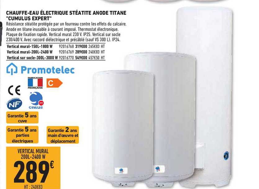 chauffe eau électrique stéatite anode titane "cumulus expert" promotelec