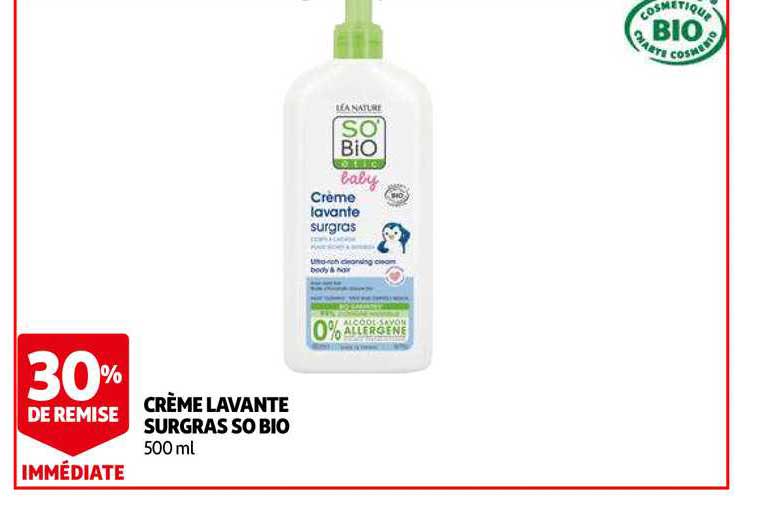 crème lavante surgras so bio 30% remise immédiate