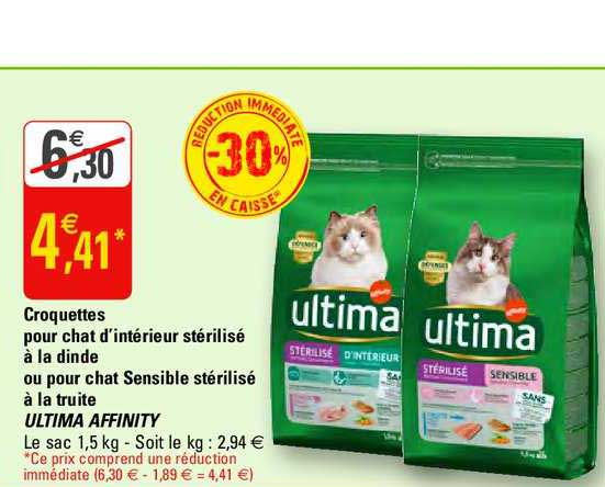 croquettes pour chat d'intérieur stérilisé à la dinde ou pour chat sensible stérilisé à la truite ultima affinity