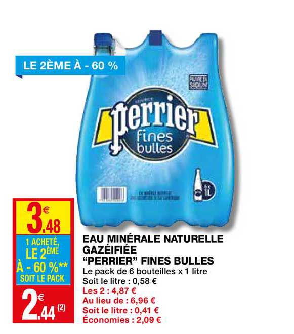 eau minérale naturelle gazéifiée "perrier" fines bulles le 2ème à -60%
