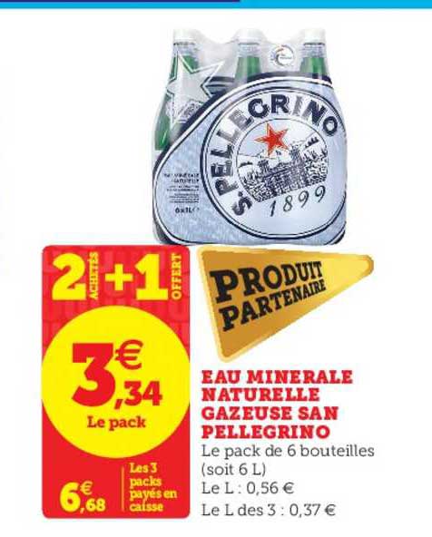 eau minérale naturelle gazeuse san pellegrino 2 achetés + 1 offert