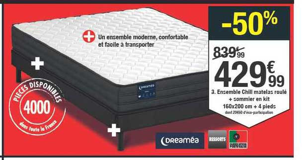 ensemble chill matelas roulé + sommier en kit 160x200 cm + 4 pieds dreaméa ressorts